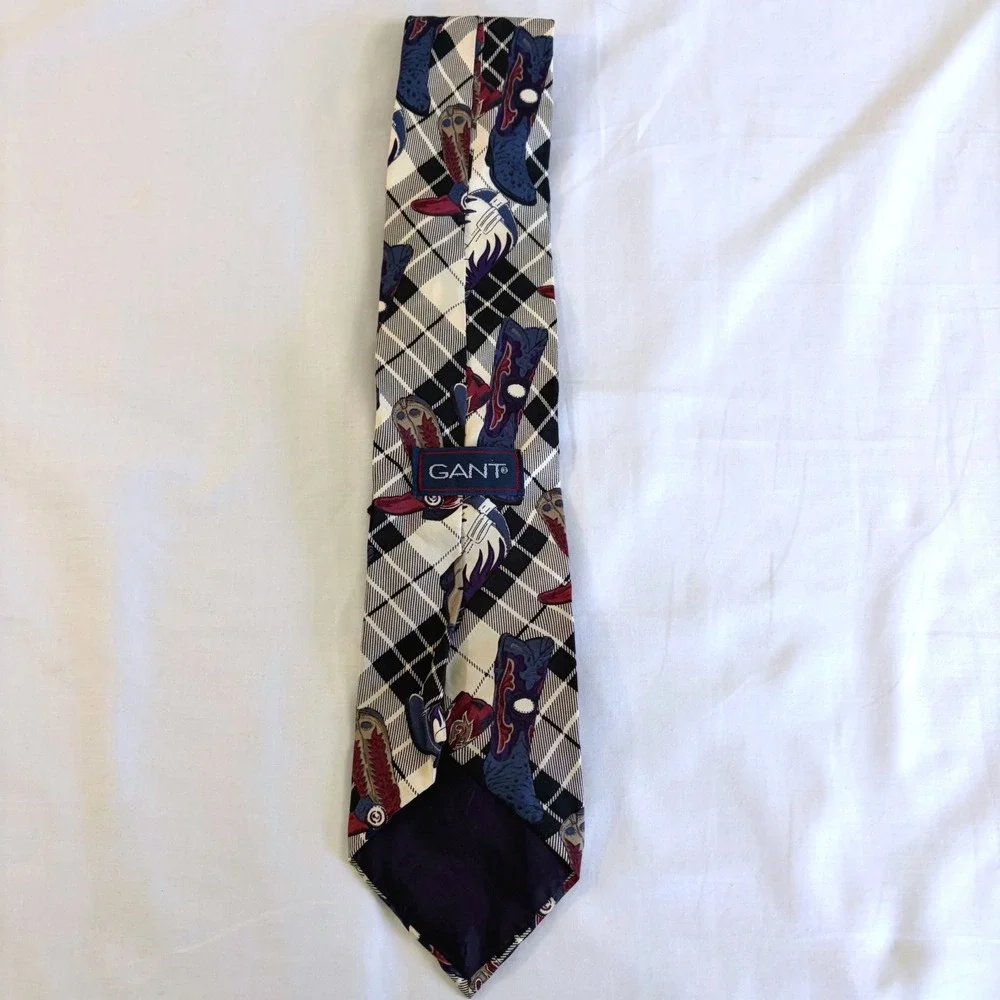 Gant Mens Silk Tie Plaid Cowboy Boots Western country Print Black White Blue USA